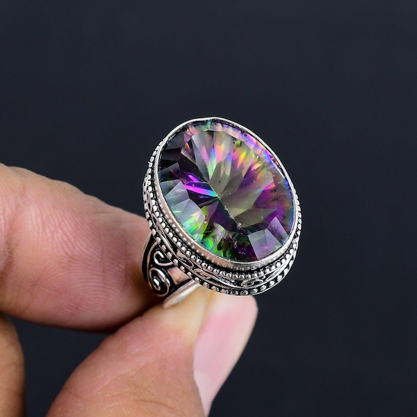 Mystic Topaz Ring: Vintage 925 Sterling Silver Statement Ring