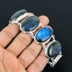 Adjustable Labradorite Gemstone Bracelet: Handmade 925 Sterling Silver