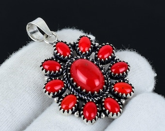 Italian Red Coral Pendant: Handmade 925 Sterling Silver Gemstone