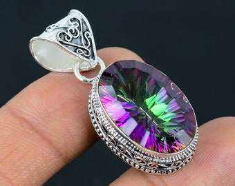 Mystic Topaz Gemstone Silver Pendant jewelry,925 Sterling Silver Handmade Vintage Pendant, Mystic Topaz Silver Pendant Birthday Gift For her