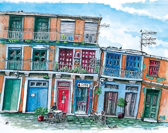 May include: A watercolor painting of a row of colorful buildings with balconies and doors. The buildings are painted in shades of orange, blue, green, and red. The painting is signed "Porto, 2019".