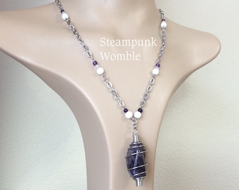 Amethyst Stainless Steel Necklace, White Jade Quartz Beads, Witchy Pagan Jewelry