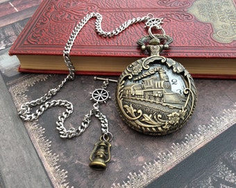 Steampunk pocket watch, Steam train pocket watch, Pocket watch with chain, Steampunk jewellery, Steam train gifts, Pocket watch groomsmen