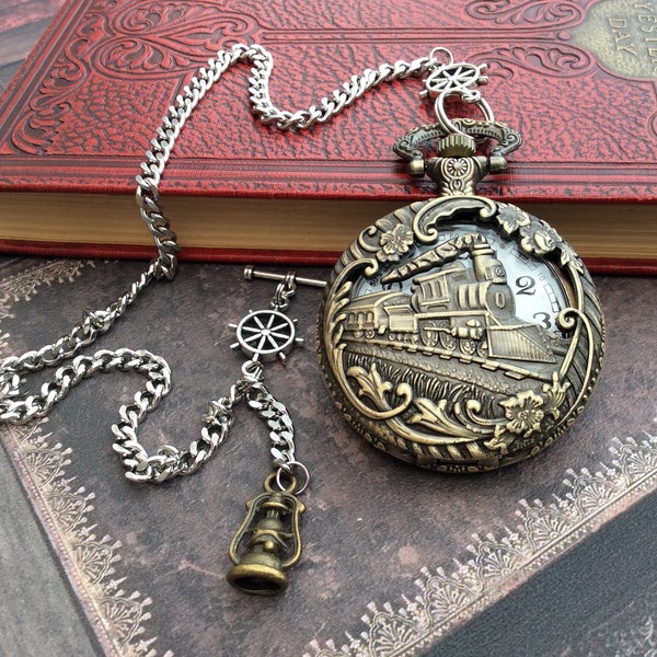 Steampunk pocket watch, Steam train pocket watch, Pocket watch with chain, Steampunk jewellery, Steam train gifts, Pocket watch groomsmen