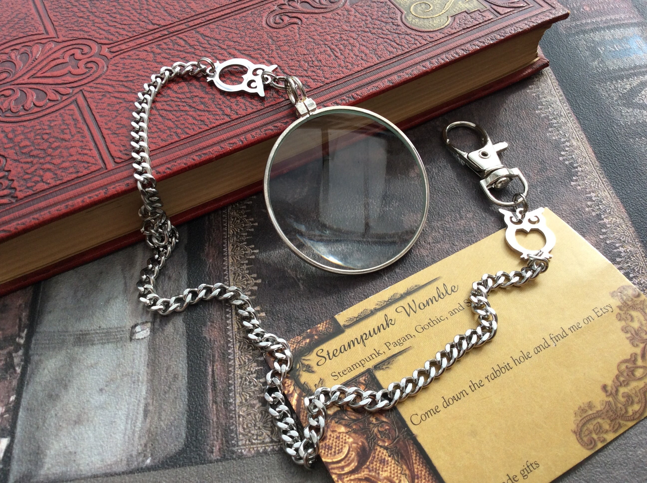 Owl magnifying glass on chain, Steampunk monocle, Owl lover gift, Steampunk magnifier, Steampunk cos