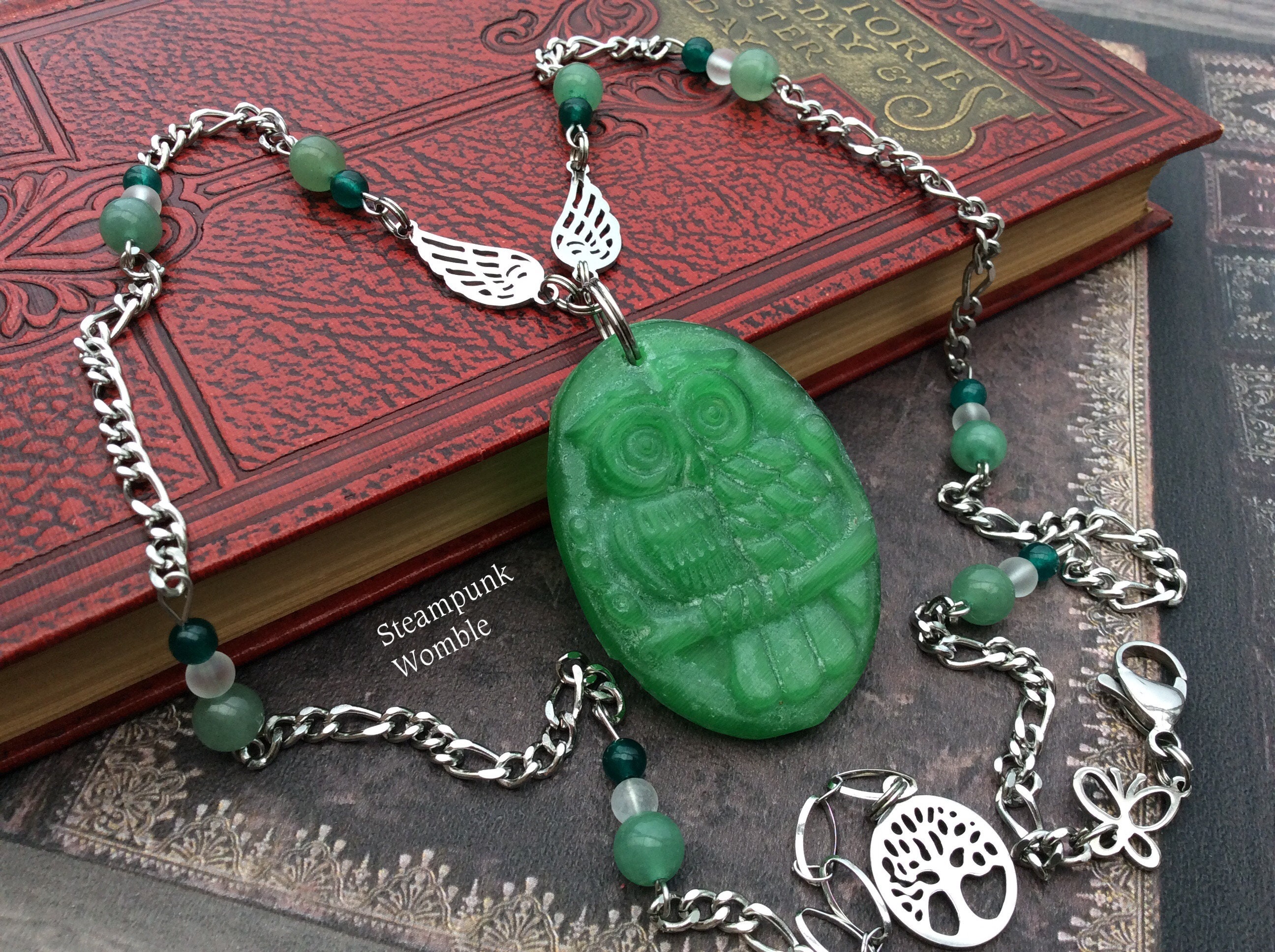 Owl necklace for women, Green apatite necklace, Athena necklace, Owl lover gift, Wiccan necklace, On
