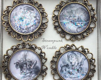 Alice In Wonderland brooch, Alice In Wonderland pin, Cheshire Cat, White Rabbit, Mad Hatter, Alice brooch, Alice, Brooches, Brooch set, Pin