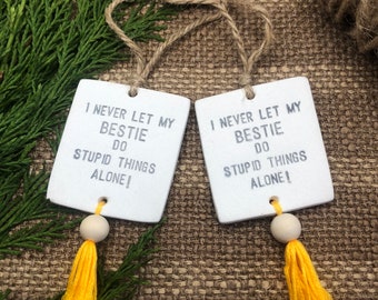 Best friend gift, matching friendship gift, besties, funny friends, handmade with clay, mini decoration, tassel, car decoration, humour