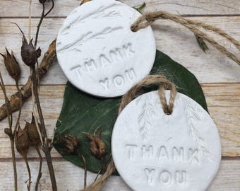 Clay gift tags, thank you clay gift tags, handmade clay gift tags, rustic clay thank you tags, leaf printed clay tags, round clay tags