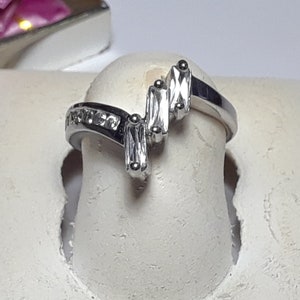Estate .66cttw 3 Straight Baguette & Round CZ offset channel Sterling Silver Ring#17911