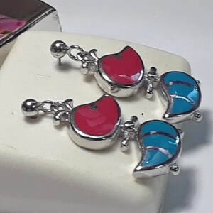Estate 2 Sided Ducks with Blue & Red Enamel Sterling Silver Dangle Earrings19102