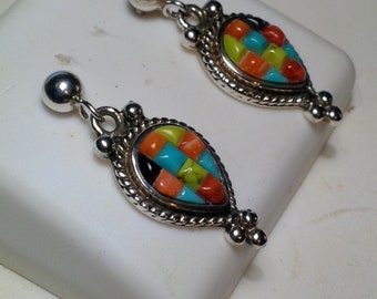 Estate Mosiac Turquoise Oyster Shell Lapis Victorian Style Sterling Silver Earring#3316
