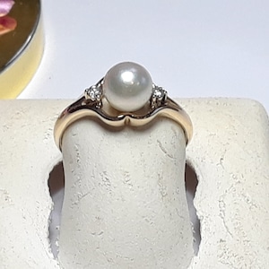Estate 6.3mm Natural Cultured Pearl & Diamond open loop 14Kt Y/Gold Ring #17205