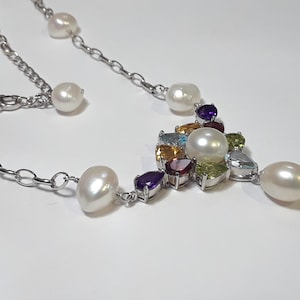 Estate 6.5cttw Natural Multi Gems & Freshwater Pearl 20" Sterling Silver Necklace#13033