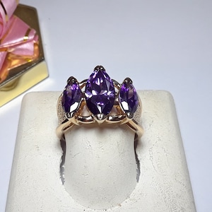 Estate 3.50cttw Triple Marquise Purple CZ&#39;s 925/14 Kt YG S-9 Bold Ring #16434