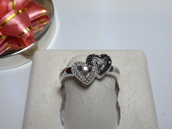 Vintage .21cttw Black White Double Heart TJ 925 Sterling Silver