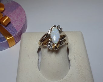 Estate .90ctw Natural 10X5mm Marq Opal & Diamond Offset 10Kt Yellow Gold Polish Ring16804