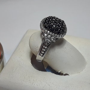 Estate 1.0cttw Natural faceted Onyx & CZ Open Scroll Sides Sterling Silver Ring #12129