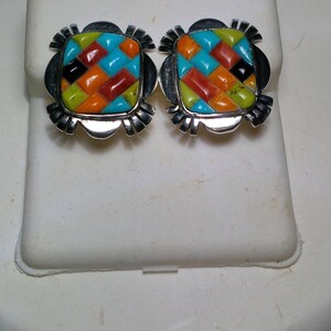 Estate Turquoise Oyster Shell & Lapis Square Mosiac Bright SterlingSilver Earrings#3323