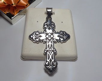 Vintage 2" Black Enamaled Background Victorian Solid Sterling Silver Cross Pendant#10299