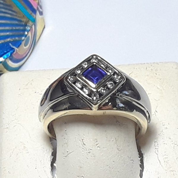 Estate .82ctw Natural Princess Sapphire & Diamond 10Kt YG S-10 Gents Ring #18377