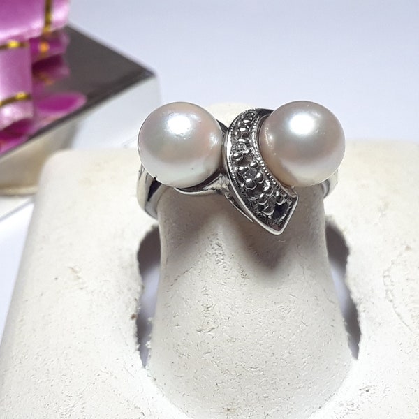 Vintage Dual 6.8mm Natural Cultured Pearl & Diamond 14Kt WG S4.25 Pinky Ring15525
