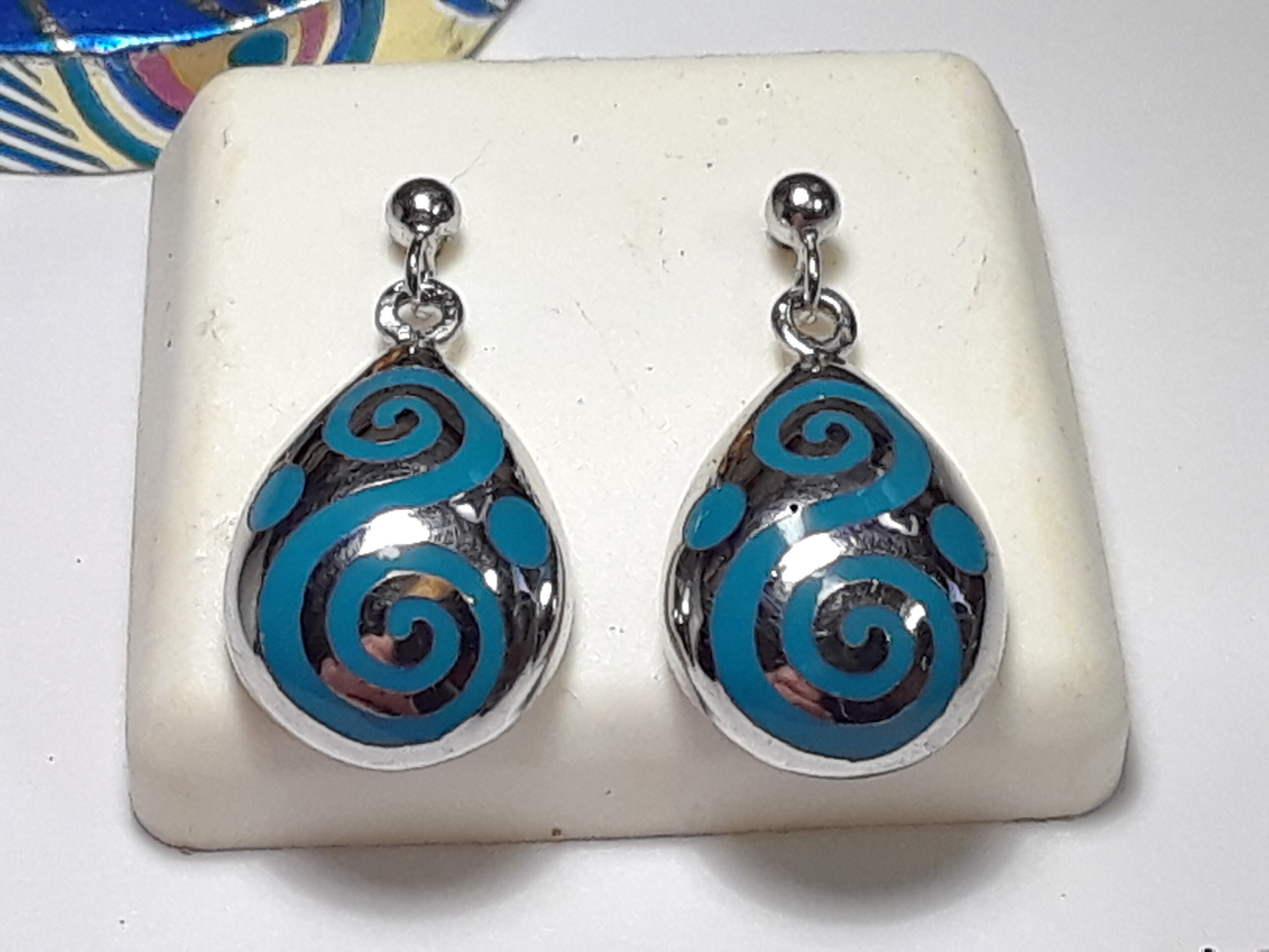 Estate 2 Sided Teardrop Blue Enamel Swirl Sterling Silver Dangle Earrings #19309
