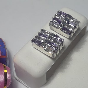 Estate 2cttw Emerald Cut Purple & White CZ Bar center Sterling Silver Earrings #10050