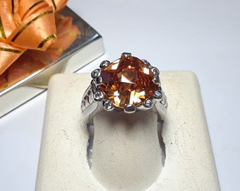 Estate 7.0cttw Bold Checkerboard Cushion Cut Orange & Rd CZ Sterling Silver Ring #15579