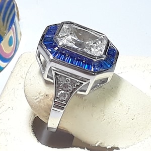 Estate 4.0cttw Lab Blue Sapphire Baguette Sterling Silver Bright Bezel Top Ring #18681