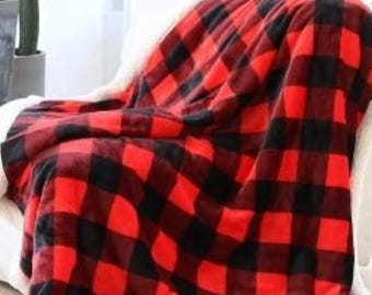 Red & Black Buffalo Plaid Plush Blanket 50"x60" Throw Very Soft