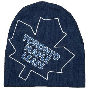 May include: A navy blue knit beanie with a white embroidered maple leaf and the text "Toronto Maple Leafs".