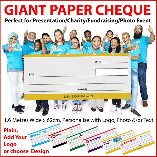 Large Cheque for Charity Presentation Fundraising Occasion Photo Event. 1.6 Metres Wide x 62cm. Personalised Option Available