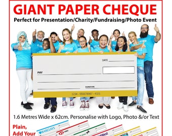 Large Cheque for Charity Presentation Fundraising Occasion Photo Event. 1.6 Metres Wide x 62cm. Personalised Option Available