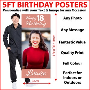 Póster de cumpleaños personalizado con tu foto y texto, es decir, 1, 21, 40, etc., o mensaje. ENORME 5 PIES DE ALTO Excelente calidad