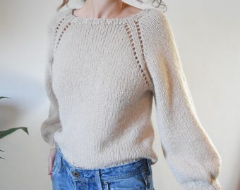 Easy Sunday Pullover Knitting Pattern: Raglan Balloon Sleeve Sweater (PDF)