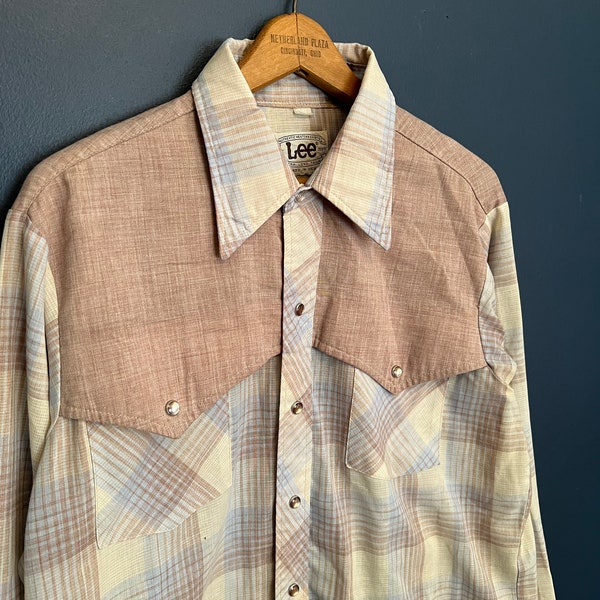 Vintage 80’s Lee Pearl Snap Plaid Button Up Shirt Size XL