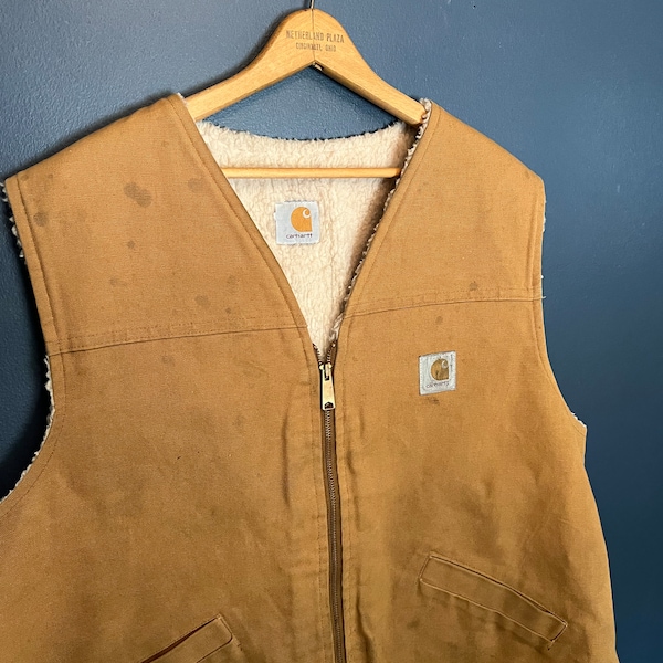 Vintage 80’s Carhartt Sherpa Lind Zip Canvas Vest Size XL/2XL
