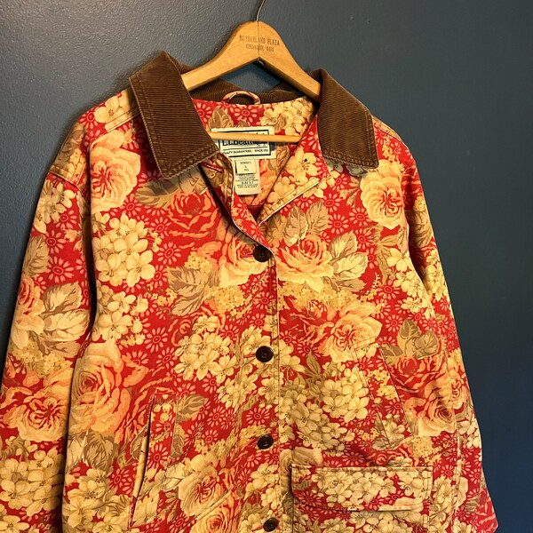 Vintage Y2K LL Bean Floral Print Cotton Chore Coat Size Women’s Large