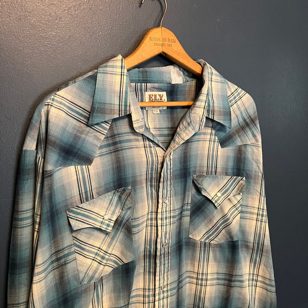 Vintage 90’s Ely Cattleman Plaid Pearl Snap Button Up Shirt Size XXL