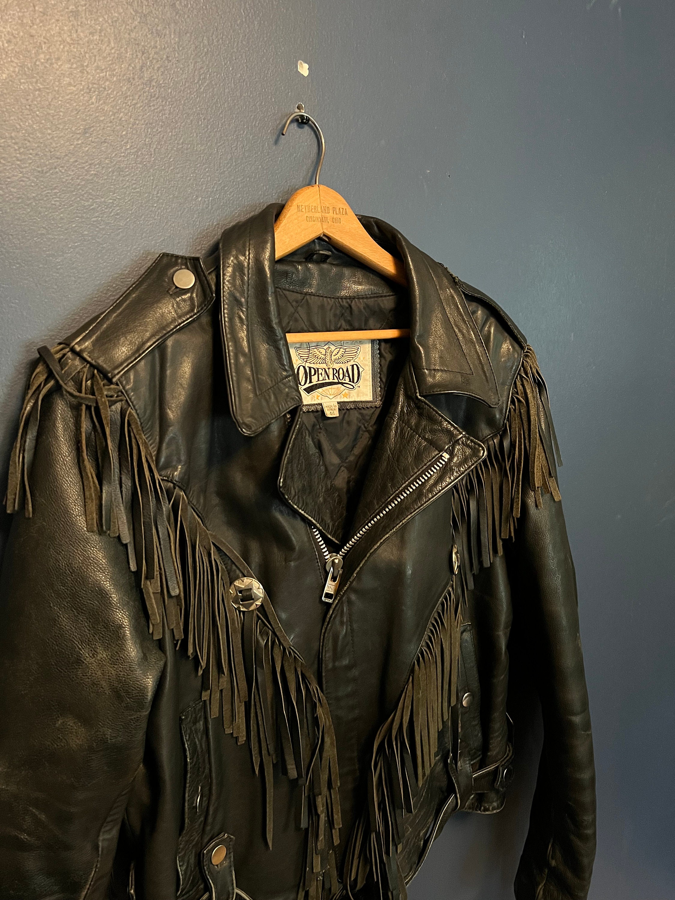 Vintage 90’s Open Road Leather Fringe Western Biker Jacket Size 44 Large