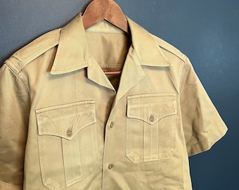 Vintage 60’s Military Khaki Button Up Polo Shirt Size M/L USA Made