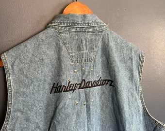 Vintage Y2K Harley Davidson Embroidered Denim Vest Size X Large Womens