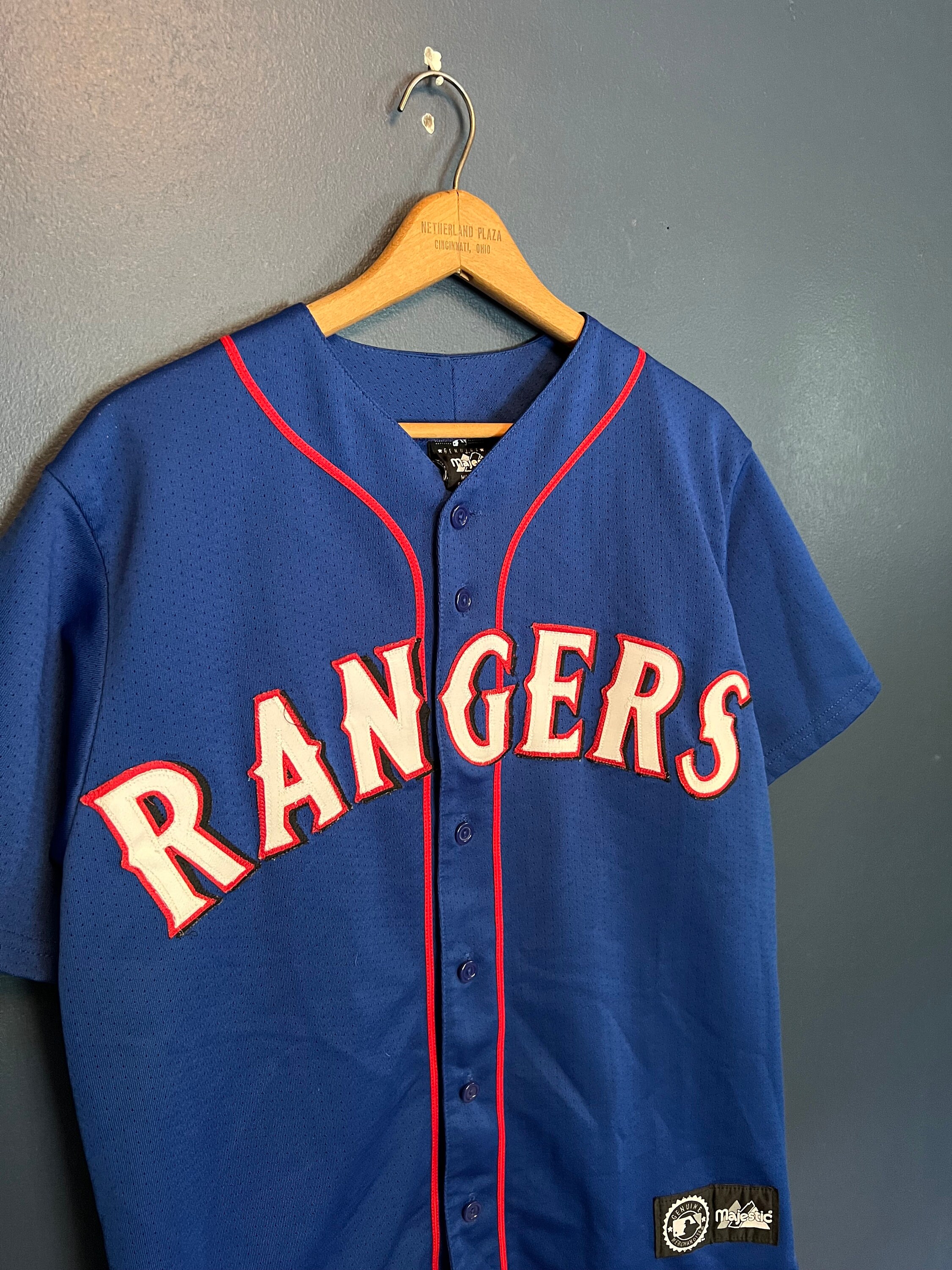 Texas Rangers Pinstripe SEWN Majestic Baseball Jersey Size Youth Medium /L  Blank