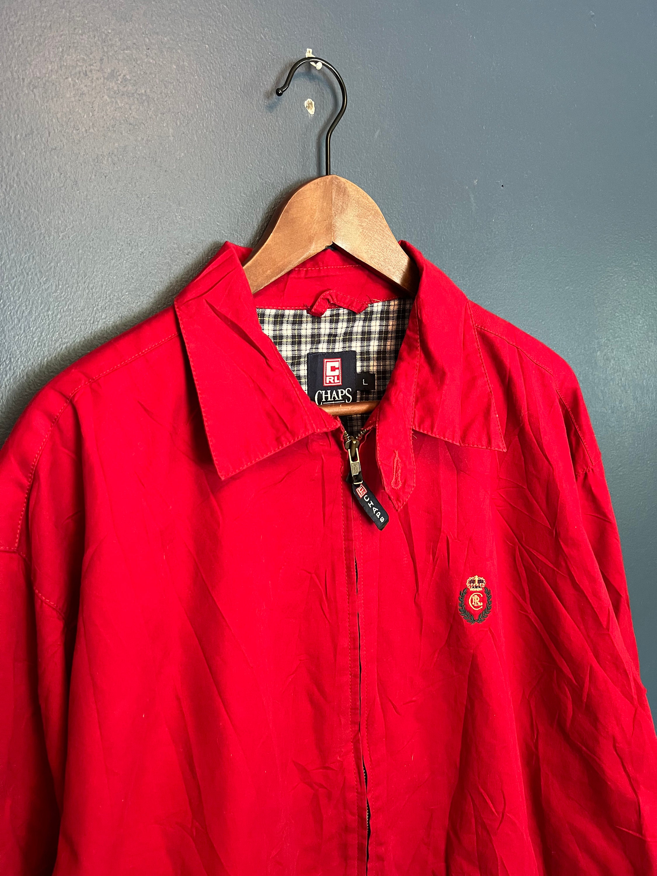 Vintage 90s Chaps Ralph Lauren Red Zip Harrington Jacket Size Large 