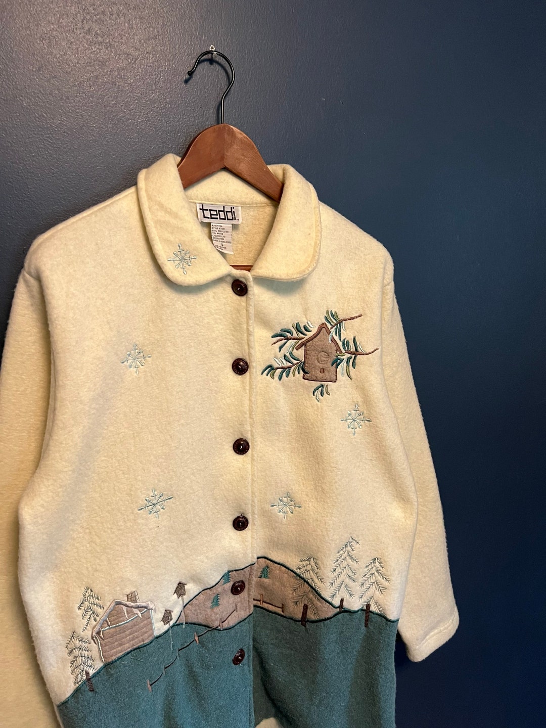 Vintage 90s Birdhouse Landscape Fleece Button up Jacket Size Small Etsy