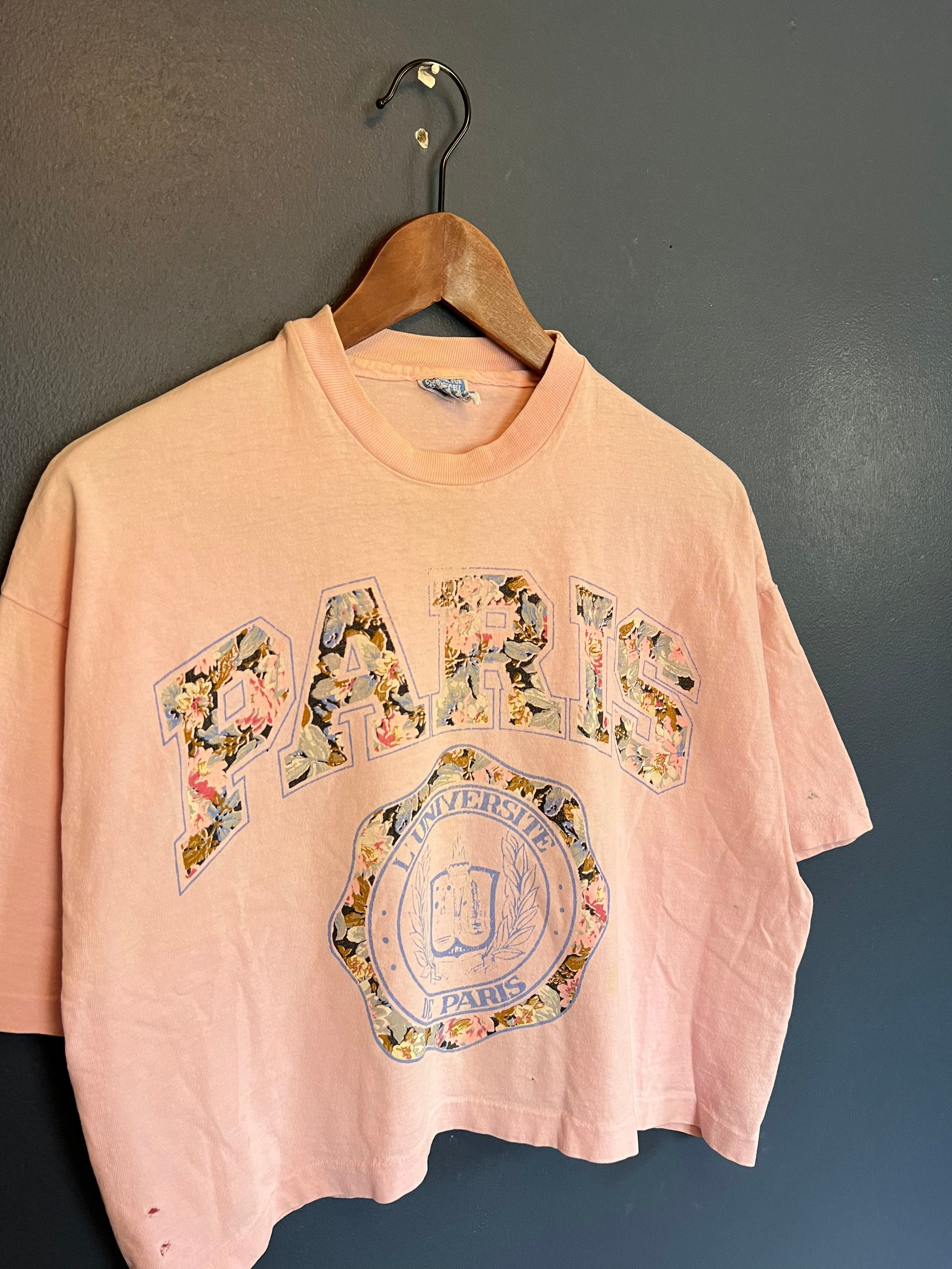 Vintage 90s Paris University Pink Floral Cropped T Shirt Tee 