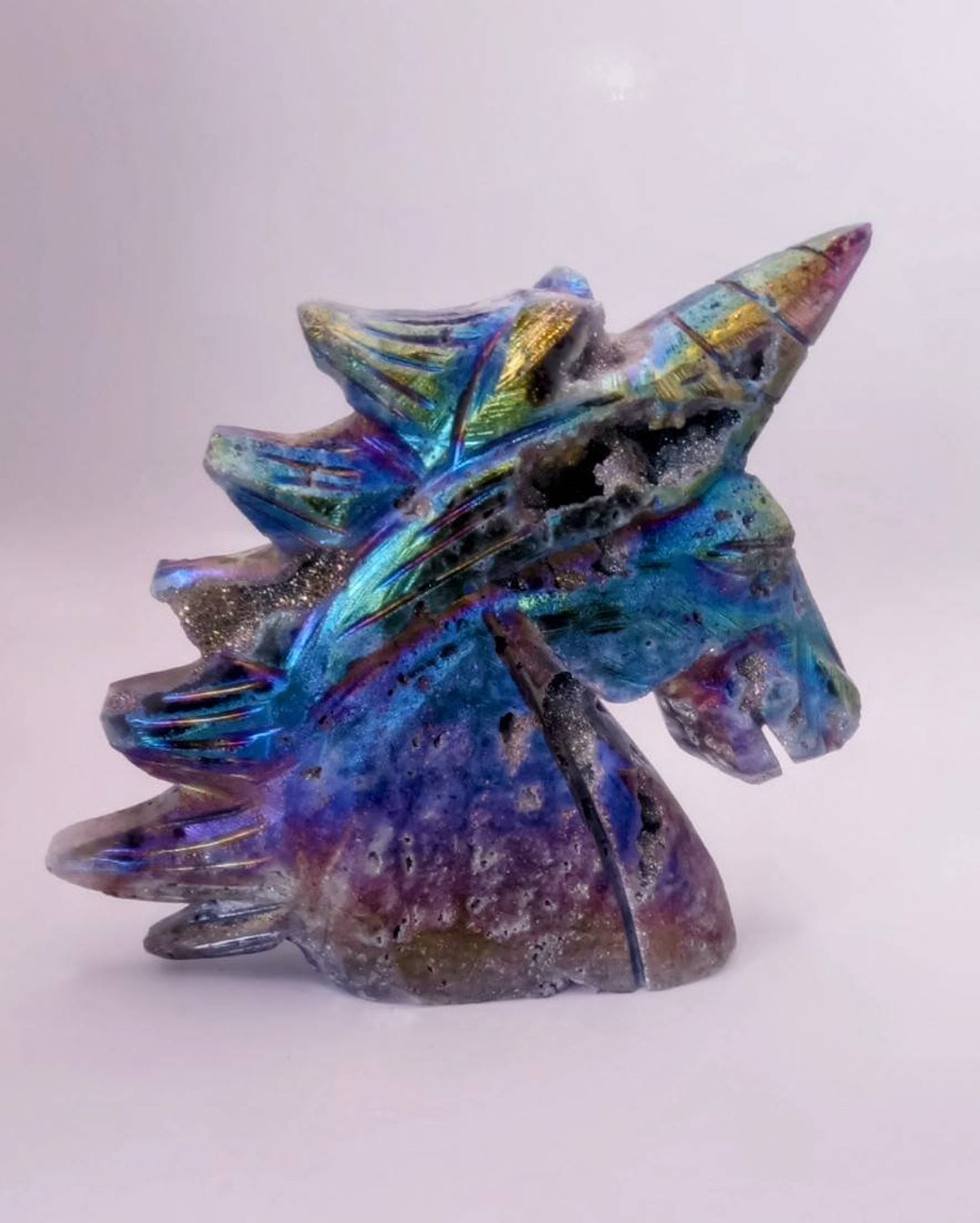 Unicorn Sphalerite Titanium rainbow Plated. Large Size Carving Statue