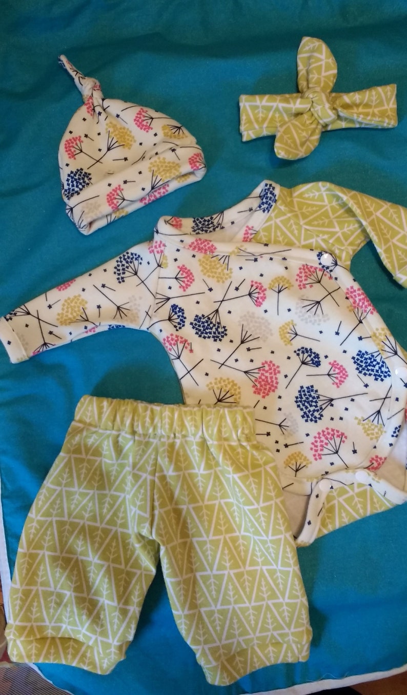 Clothing sets hat handmade pants mix and match custom made baby kimono onesie burp cloth headband owls and feathers bandana bib