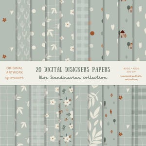 Set di carta digitale scandinava blu, sfondo nordico, graziosi motivi senza soluzione di continuità per la cameretta dei bambini, carta per scrapbooking, stampabile, download immediato